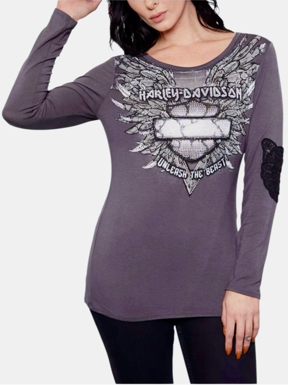 Harley Davidson Embellished Knit Moto Long Sleeve in Grey/Black Women’s 2X